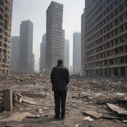 People slowly return to their ruined city, moving among the debris of what were once skyscrapers. Faced with the desolation, they begin to weep, their tears reflective of their tremendous loss and grief.