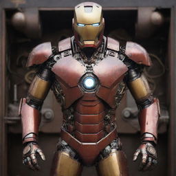 A Mechanicpunk rendition of Iron Man's suit, reflecting the hardcore tradition of mechanical engineering. With visible intricate gears, clockwork mechanisms, toll and spanner shaped armor segments, and the iconic helmet and chest reactor as a flickering furnace, it's an Iron Man suit from a mechanic's dream