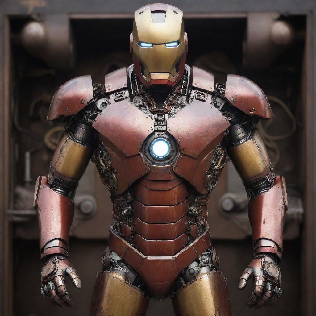 A Mechanicpunk rendition of Iron Man's suit, reflecting the hardcore tradition of mechanical engineering. With visible intricate gears, clockwork mechanisms, toll and spanner shaped armor segments, and the iconic helmet and chest reactor as a flickering furnace, it's an Iron Man suit from a mechanic's dream