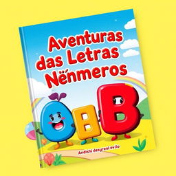 A vibrant and colorful book cover for a children's educational book titled 'Aventuras das Letras e Números'
