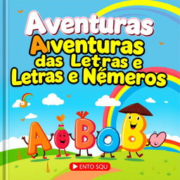 A vibrant and colorful book cover for a children's educational book titled 'Aventuras das Letras e Números'