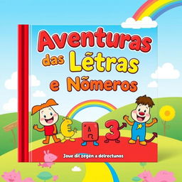 A vibrant and colorful book cover for a children's educational book titled 'Aventuras das Letras e Números'