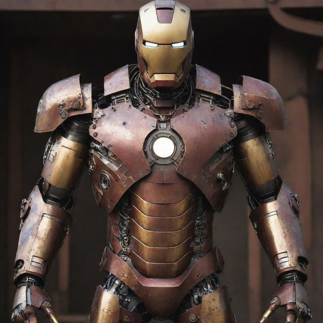 A Mechanicpunk rendition of Iron Man's suit, reflecting the hardcore tradition of mechanical engineering. With visible intricate gears, clockwork mechanisms, toll and spanner shaped armor segments, and the iconic helmet and chest reactor as a flickering furnace, it's an Iron Man suit from a mechanic's dream