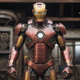 A Mechanicpunk rendition of Iron Man's suit, reflecting the hardcore tradition of mechanical engineering. With visible intricate gears, clockwork mechanisms, toll and spanner shaped armor segments, and the iconic helmet and chest reactor as a flickering furnace, it's an Iron Man suit from a mechanic's dream