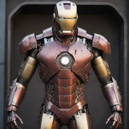 A Mechanicpunk rendition of Iron Man's suit, reflecting the hardcore tradition of mechanical engineering. With visible intricate gears, clockwork mechanisms, toll and spanner shaped armor segments, and the iconic helmet and chest reactor as a flickering furnace, it's an Iron Man suit from a mechanic's dream