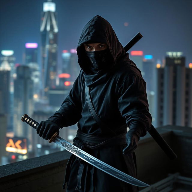 A fierce ninja standing on a rooftop at night, dressed in traditional dark attire, with a hood obscuring their face, emphasizing a mysterious and powerful presence