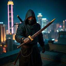 A fierce ninja standing on a rooftop at night, dressed in traditional dark attire, with a hood obscuring their face, emphasizing a mysterious and powerful presence