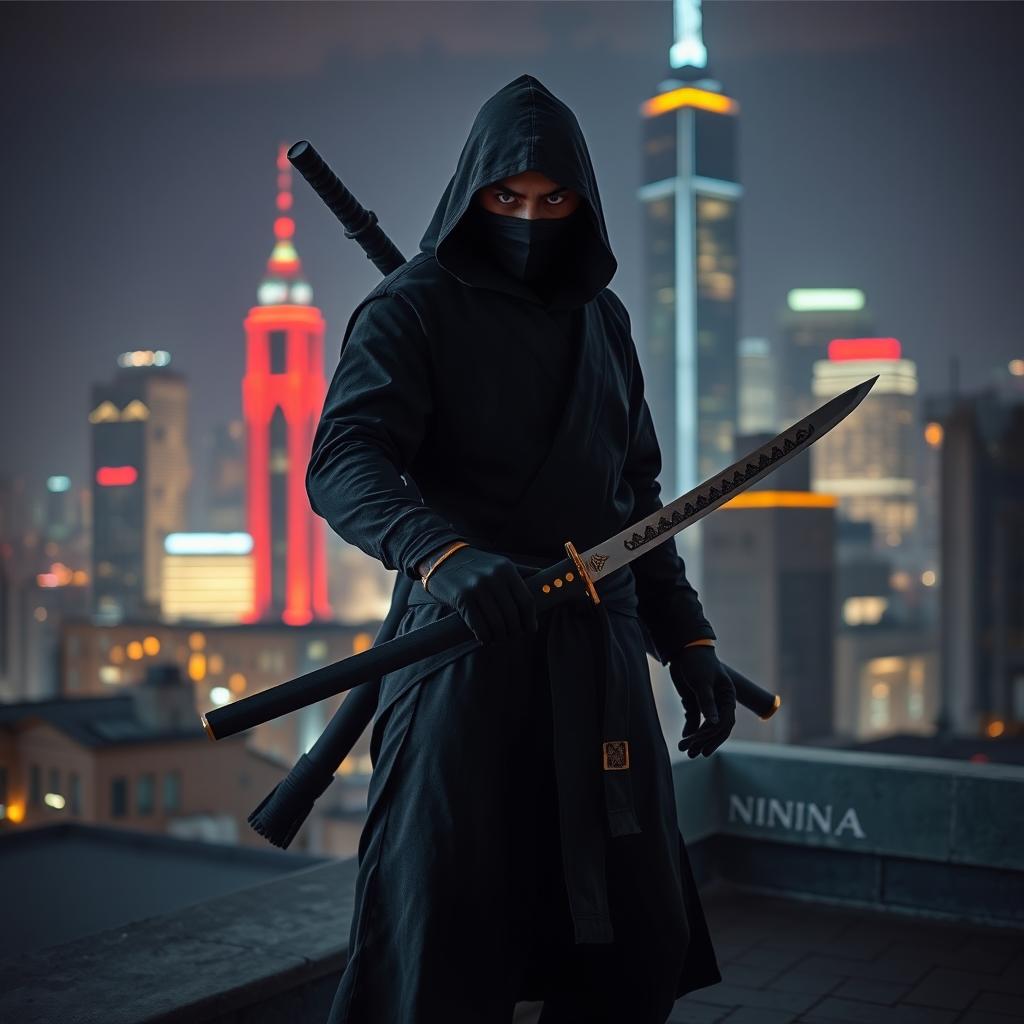 A fierce ninja standing on a rooftop at night, dressed in traditional dark attire, with a hood obscuring their face, emphasizing a mysterious and powerful presence