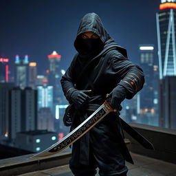 A fierce ninja standing on a rooftop at night, dressed in traditional dark attire, with a hood obscuring their face, emphasizing a mysterious and powerful presence