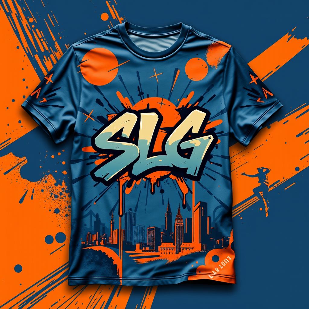 A creative and contemporary shirt design for an SLG (Street Lifestyle Group) brand, featuring bold graphics and vibrant colors that represent urban culture