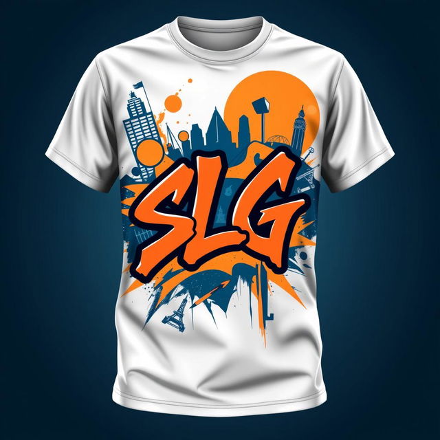 A creative and contemporary shirt design for an SLG (Street Lifestyle Group) brand, featuring bold graphics and vibrant colors that represent urban culture