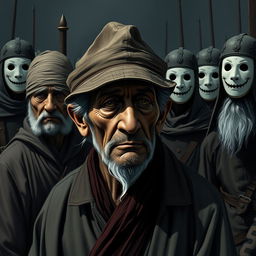 An elderly man with tears running down his cheeks, his eyes obscured by the brim of a weathered hat, stands side by side with other elderly individuals, all showing expressions of sadness and defiance