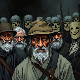 An elderly man with tears running down his cheeks, his eyes obscured by the brim of a weathered hat, stands side by side with other elderly individuals, all showing expressions of sadness and defiance