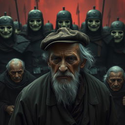 An elderly man with tears streaming down his cheeks, his eyes obscured by the brim of a worn hat, stands resolutely beside other elderly individuals, all conveying a deep sense of sorrow and resilience