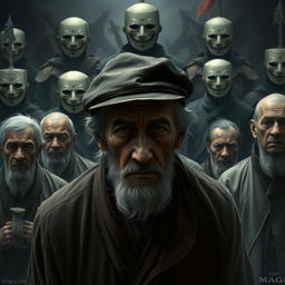 An elderly man with tears streaming down his cheeks, his eyes obscured by the brim of a worn hat, stands resolutely beside other elderly individuals, all conveying a deep sense of sorrow and resilience