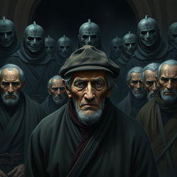 An elderly man with tears streaming down his cheeks, his eyes obscured by the brim of a worn hat, stands resolutely beside other elderly individuals, all conveying a deep sense of sorrow and resilience