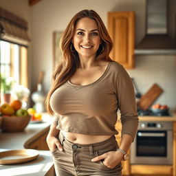 A 50-year-old woman with large breasts and a big ass, standing in a cozy kitchen