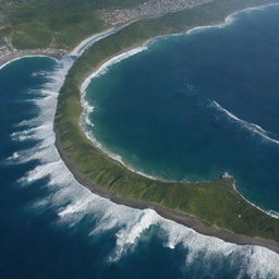 The immense tsunami leaves no city untouched. Observed from space, all signs of human civilization are obliterated, rendering the diverse terrain of Earth into a smooth, water-covered surface.