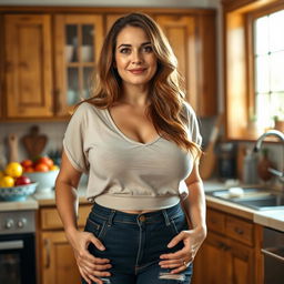 A 50-year-old woman with large breasts and a big ass, standing in a cozy kitchen