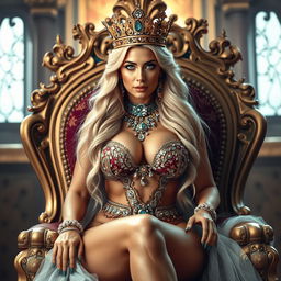 A stunning, voluptuous blonde queen with long flowing hair and striking blue eyes, adorned with an opulent crown and an array of sparkling jewelry
