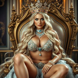 A stunning, voluptuous blonde queen with long flowing hair and striking blue eyes, adorned with an opulent crown and an array of sparkling jewelry