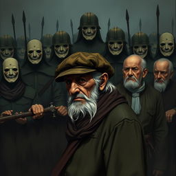 An elderly man, his eyes hidden beneath the brim of a worn hat and tears cascading down his cheeks, stands resolutely next to other elderly individuals, all embodying a mix of sorrow and strength
