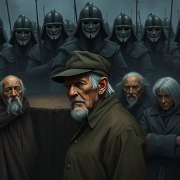 An elderly man, his eyes hidden beneath the brim of a worn hat and tears cascading down his cheeks, stands resolutely next to other elderly individuals, all embodying a mix of sorrow and strength