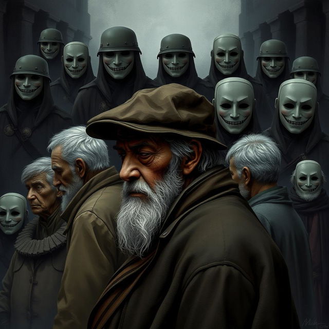 An elderly man, his eyes hidden beneath the brim of a worn hat and tears cascading down his cheeks, stands resolutely next to other elderly individuals, all embodying a mix of sorrow and strength