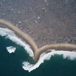 The aftermath of the unimaginably vast tsunami reveals utter destruction. From a space perspective, all cities are razed to the ground, their once distinctive features erased by the powerful force of the wave.