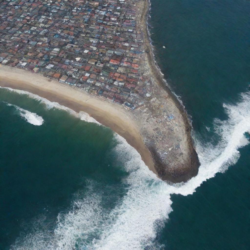 The aftermath of the unimaginably vast tsunami reveals utter destruction. From a space perspective, all cities are razed to the ground, their once distinctive features erased by the powerful force of the wave.