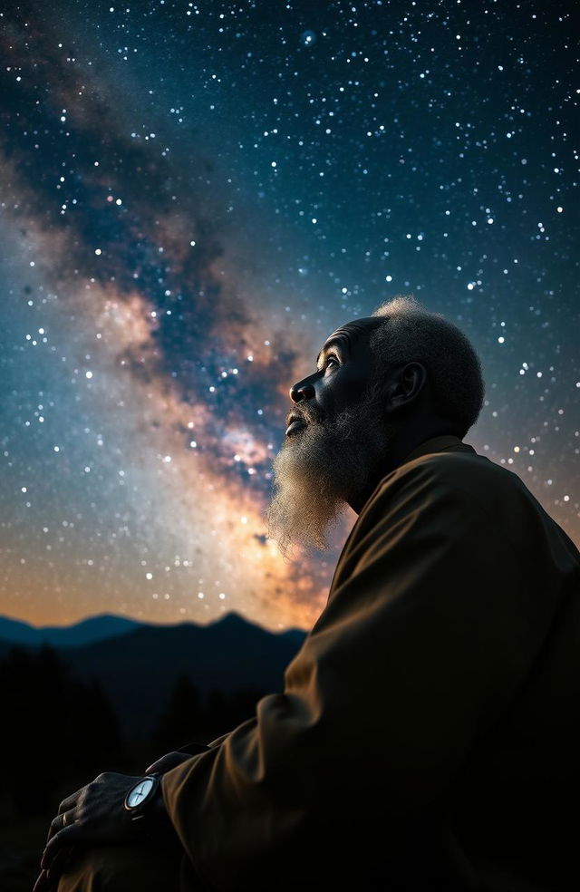 An elderly black African man gazing thoughtfully into the vastness of the Milky Way, his face illuminated by soft starlight