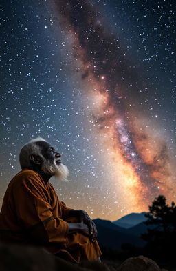An elderly black African man gazing thoughtfully into the vastness of the Milky Way, his face illuminated by soft starlight