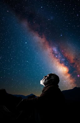 An elderly black African man gazing thoughtfully into the vastness of the Milky Way, his face illuminated by soft starlight