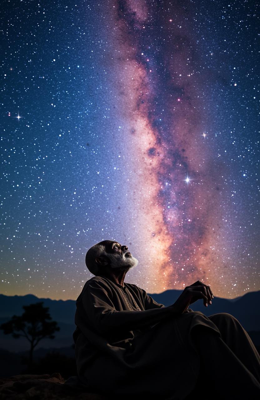 An elderly black African man gazing thoughtfully into the vastness of the Milky Way, his face illuminated by soft starlight