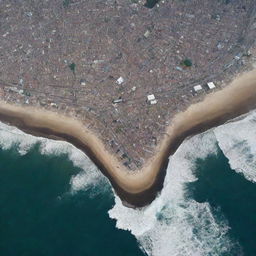 The aftermath of the unimaginably vast tsunami reveals utter destruction. From a space perspective, all cities are razed to the ground, their once distinctive features erased by the powerful force of the wave.