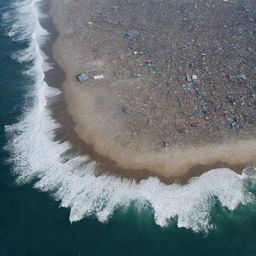 The aftermath of the unimaginably vast tsunami reveals utter destruction. From a space perspective, all cities are razed to the ground, their once distinctive features erased by the powerful force of the wave.