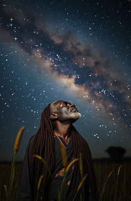 A black African elderly man with long, intricate dreadlocks, gazing thoughtfully into the vastness of the Milky Way galaxy