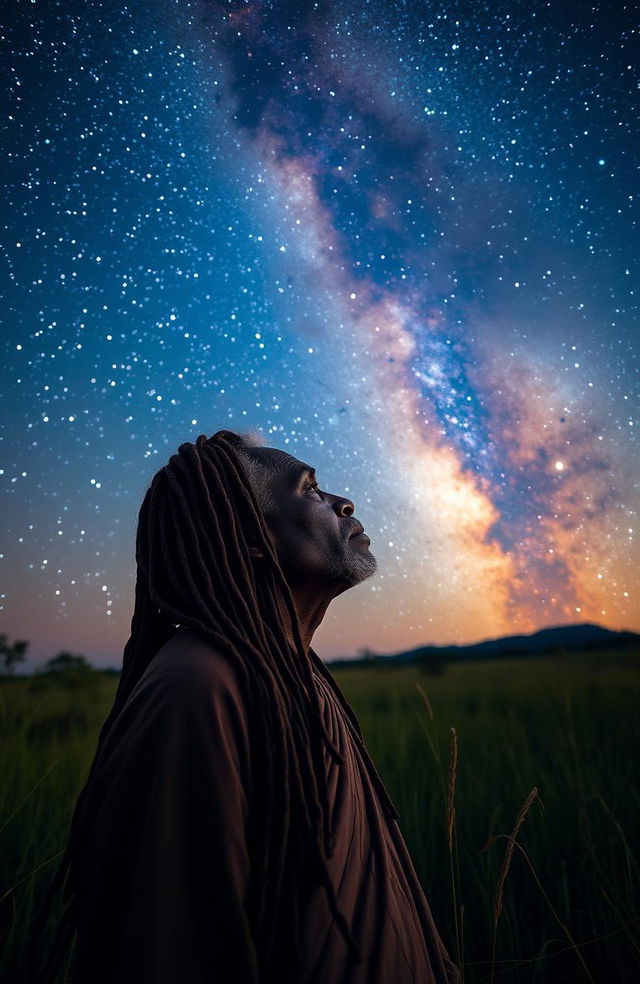 A black African elderly man with long, intricate dreadlocks, gazing thoughtfully into the vastness of the Milky Way galaxy