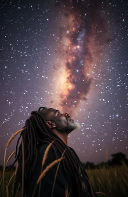 A black African elderly man with long, intricate dreadlocks, gazing thoughtfully into the vastness of the Milky Way galaxy