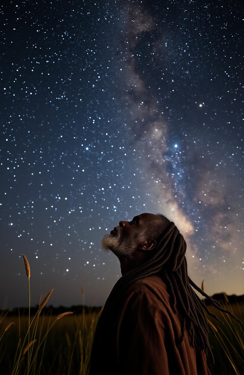 A black African elderly man with long, intricate dreadlocks, gazing thoughtfully into the vastness of the Milky Way galaxy