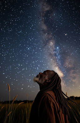 A black African elderly man with long, intricate dreadlocks, gazing thoughtfully into the vastness of the Milky Way galaxy