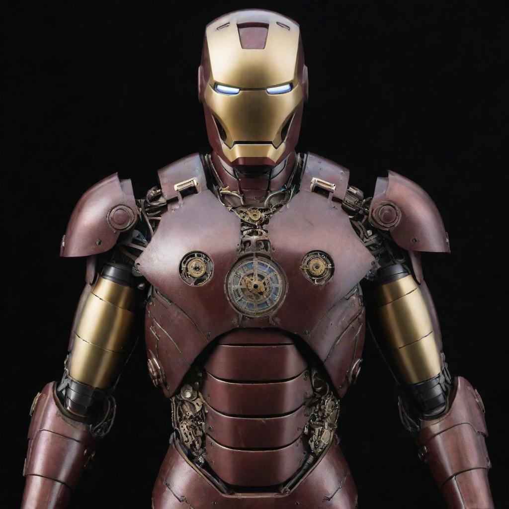 A Clockpunk interpretation of Iron Man's suit, taking inspirations from antique clocks. Gears, pendulums, and clock hands are visible through the translucent armor, a rhythmic ticking accompanies the movements, while the timeless helmet and chest piece stay true to the iconic Iron Man design