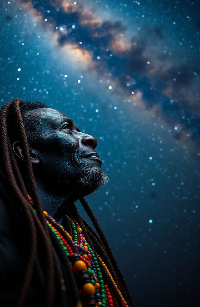 A black African old man with a wise and serene expression, adorned with vibrant multi-colored beads braided into his long dreadlocks