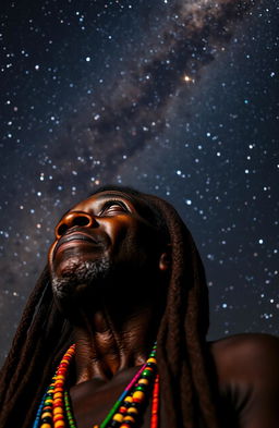 A black African old man with a wise and serene expression, adorned with vibrant multi-colored beads braided into his long dreadlocks