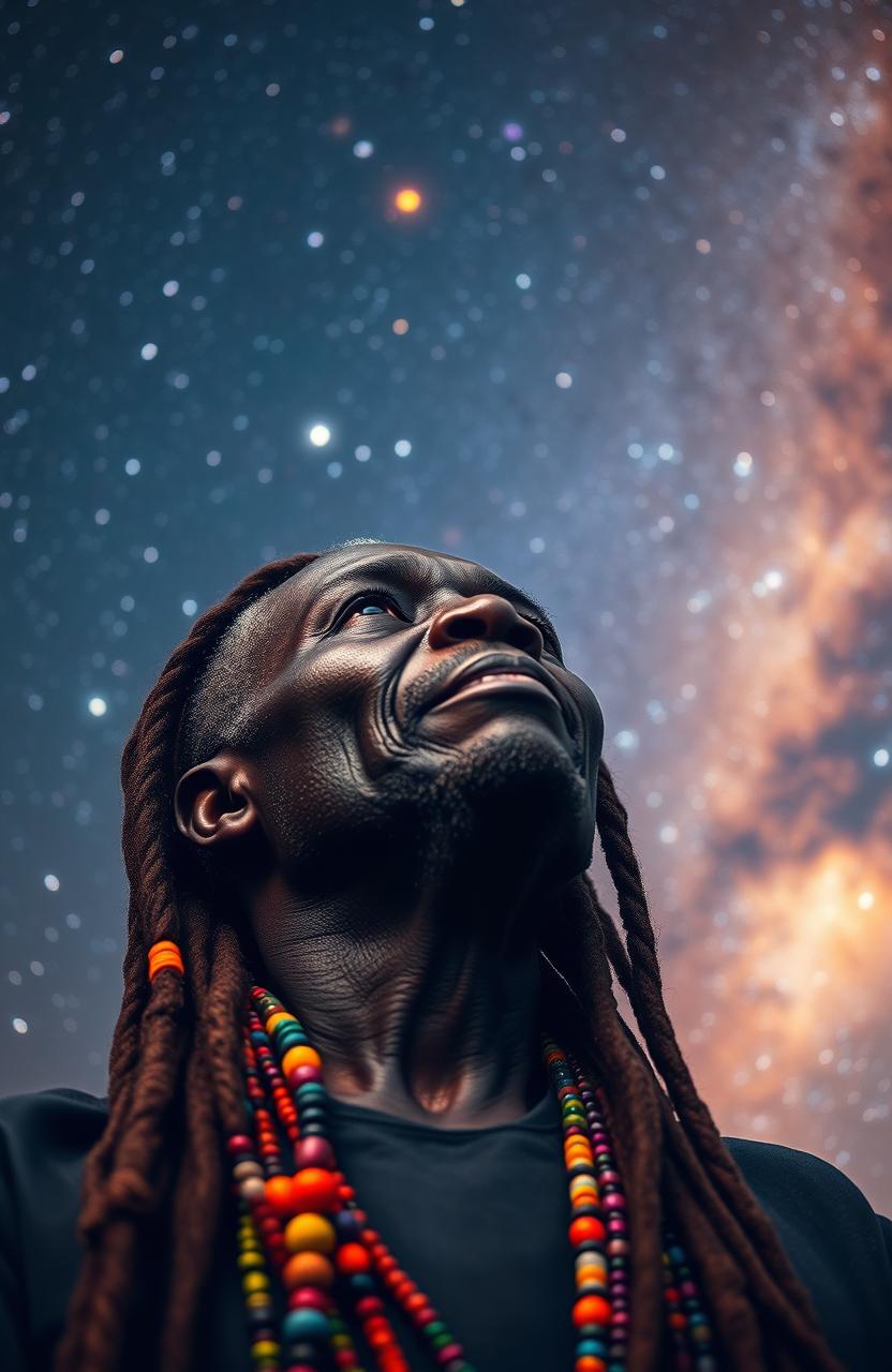 A black African old man with a wise and serene expression, adorned with vibrant multi-colored beads braided into his long dreadlocks