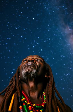 A black African old man with a wise and serene expression, adorned with vibrant multi-colored beads braided into his long dreadlocks