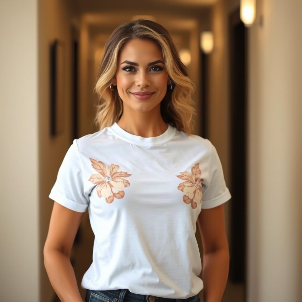 A confident woman standing in a hallway, wearing a white T-shirt with painted designs covering her breasts