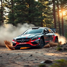 A dynamic scene of a Mercedes AMG rally racing car speeding through a rugged forest landscape, kicking up dirt and debris