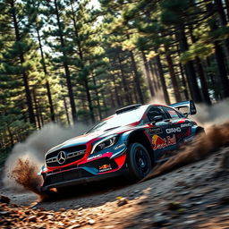 A dynamic scene of a Mercedes AMG rally racing car speeding through a rugged forest landscape, kicking up dirt and debris