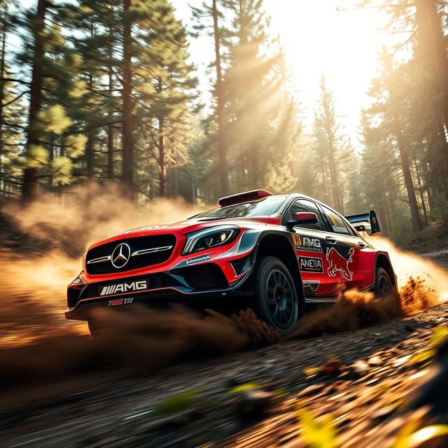 A dynamic scene of a Mercedes AMG rally racing car speeding through a rugged forest landscape, kicking up dirt and debris